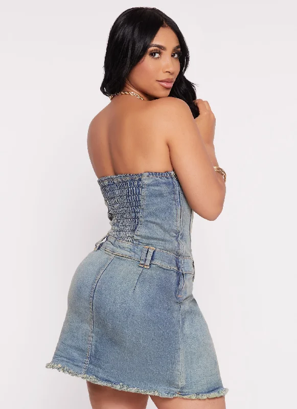 Strapless Pleated Denim Mini Dress