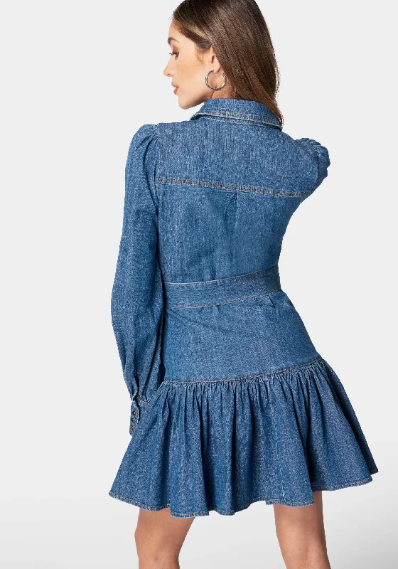 Balloon Sleeves Fit And Flare Denim Dress
