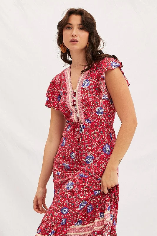 Boho Print V-Neck Short Sleeve Maxi Dress