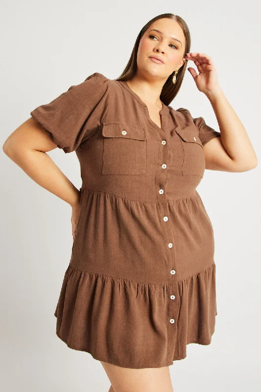 Brown Button Through Mini Dress Nehru Collar Linen Blend Brown Button Through Mini Dress Nehru Collar Linen Blend