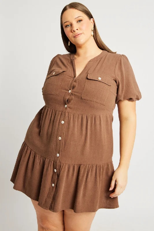 Brown Button Through Mini Dress Nehru Collar Linen Blend Brown Button Through Mini Dress Nehru Collar Linen Blend