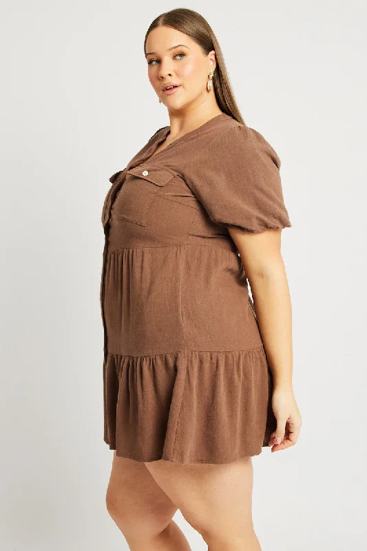 Brown Button Through Mini Dress Nehru Collar Linen Blend Brown Button Through Mini Dress Nehru Collar Linen Blend