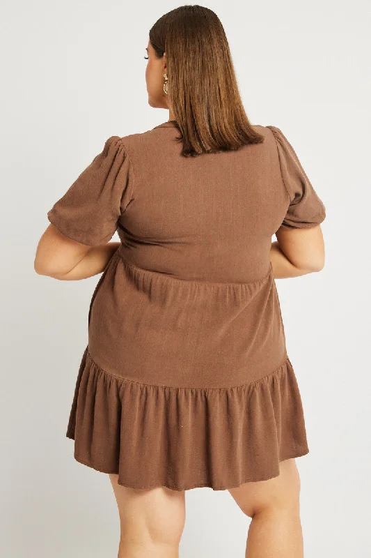 Brown Button Through Mini Dress Nehru Collar Linen Blend Brown Button Through Mini Dress Nehru Collar Linen Blend