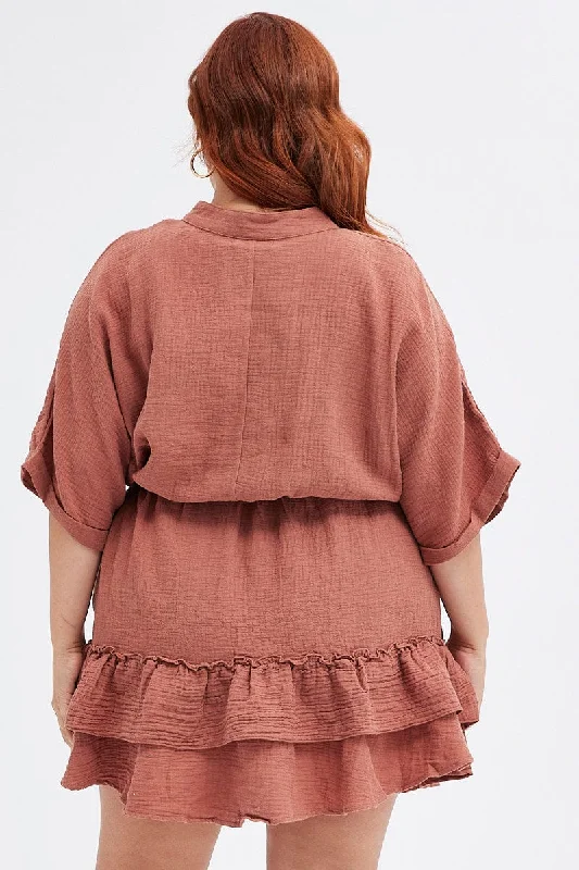 Brown Mini Dress Button Front Cotton Crush