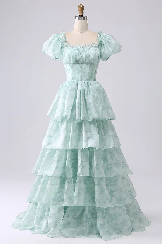 Green A Line Square Neck Tiered Long Prom Dress with Ruffles