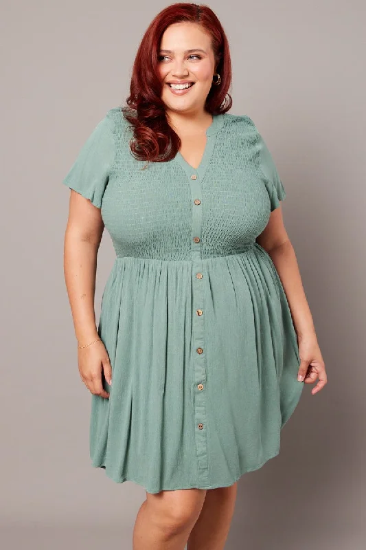 Green Shirred Mini Shirtdress Green Shirred Mini Shirtdress