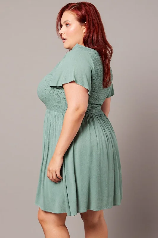 Green Shirred Mini Shirtdress Green Shirred Mini Shirtdress
