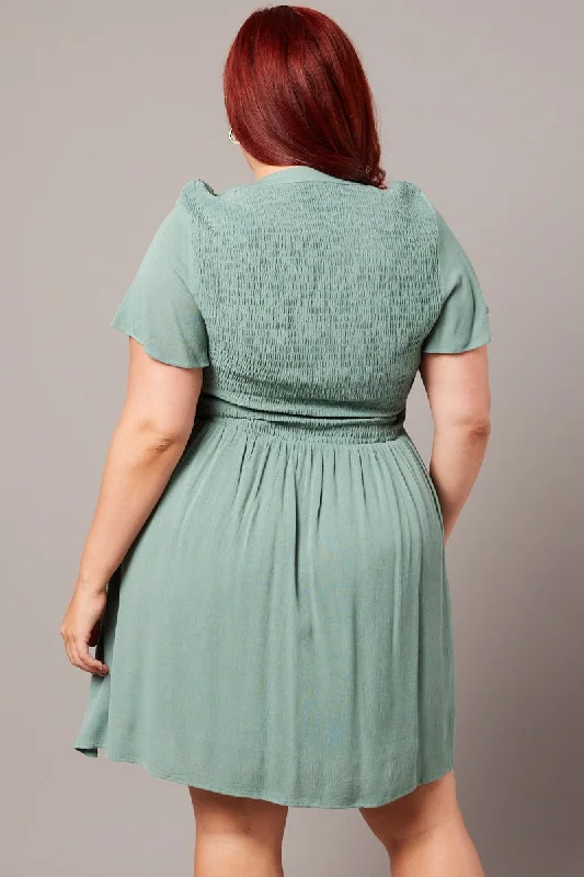 Green Shirred Mini Shirtdress Green Shirred Mini Shirtdress
